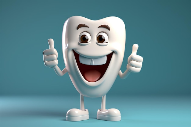 Toothy endorsement 3D illustration of a tooth character with thumbs up