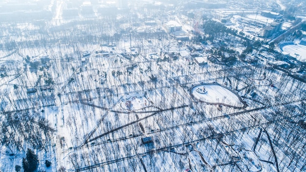 Top aerial view of empty city park in winter with snow