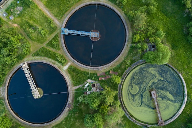 Top aerial view of purification tanks of modern wastewater treatment plant