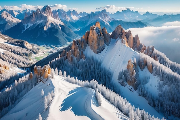 Top aerial view of snow mountain landscape with trees and road Dolomites Italy