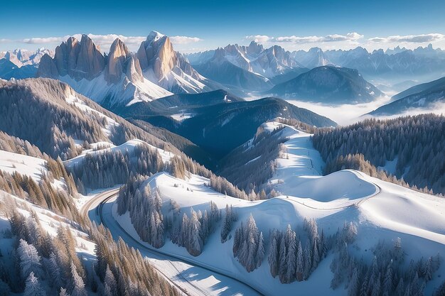 Photo top aerial view of snow mountain landscape with trees and road