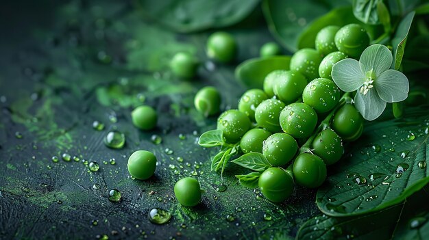 On top of a background of fresh green peas are pea pods and a blossom Generative Ai