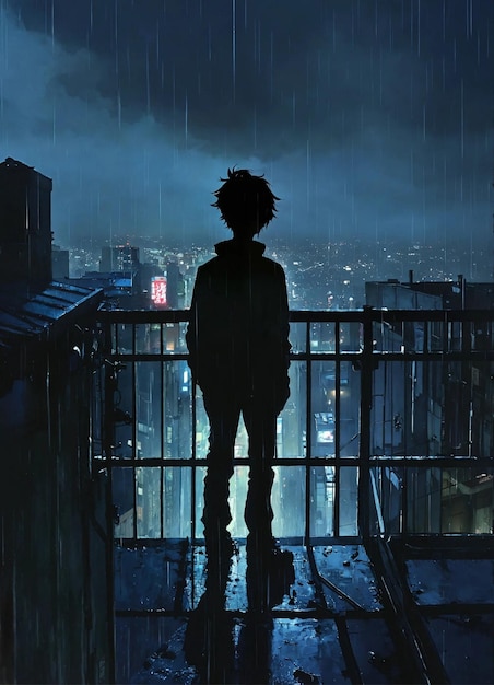 At the top of a building the silhouette of a young man in the vastness of a rainy night anime