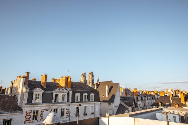 Top cityscape view on the old buildings and cathedral during the sunset in Orleans, France. Wide angle view with copy space