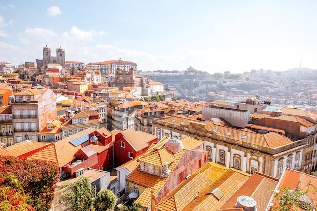 Top cityscape view on the old town of Porto city during the sunny day in Portugal