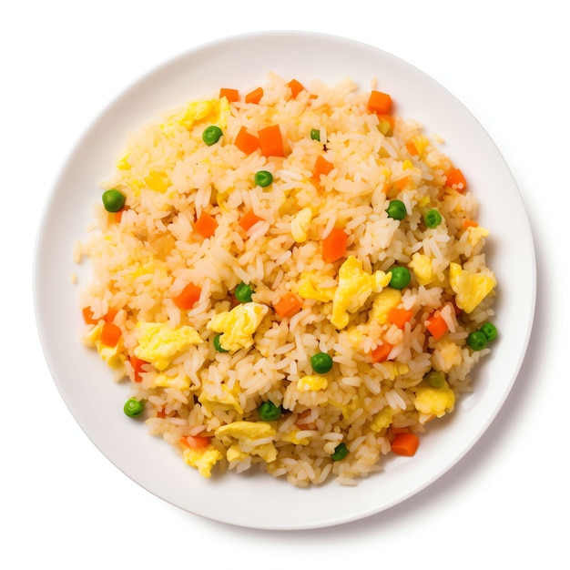 Foto top close-up van egg fried rice geïsoleerd op een witte achtergrond