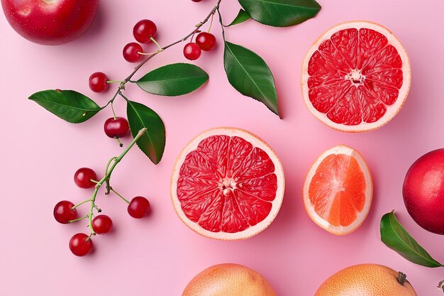 Photo top close view different fruit composition fresh and mellow fruits on pink background