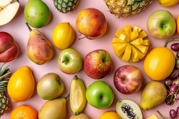 Photo top close view different fruit composition fresh and mellow fruits on pink background