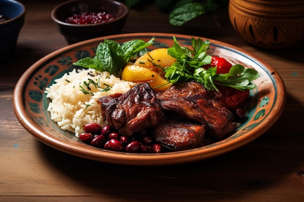 Top close view of fried meat with greens and baked plums inside brown plate on light desk