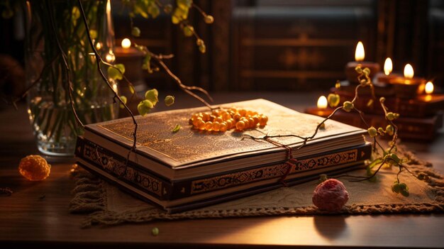 Top close view of The Islamic holy book Quran on wooden stand with tasbih Ramadan Kareem Eid Mubarak festival for Muslim