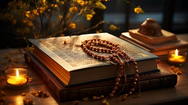 Top close view of The Islamic holy book Quran on wooden stand with tasbih Ramadan Kareem Eid Mubarak festival for Muslim