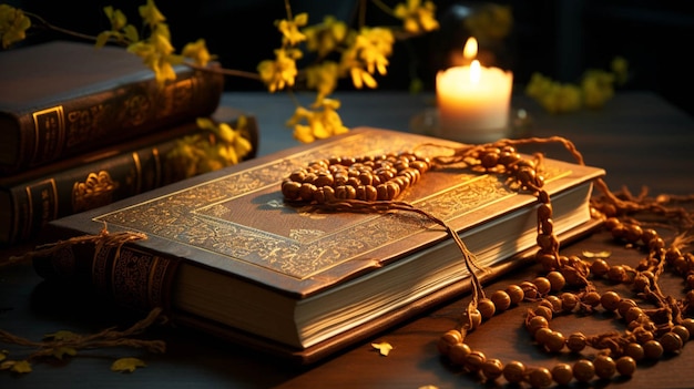 Photo top close view of the islamic holy book quran on wooden stand with tasbih ramadan kareem eid mubarak festival for muslim