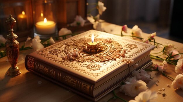 Top close view of the islamic holy book quran on wooden stand with tasbih ramadan kareem eid mubarak festival for muslim