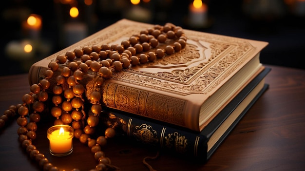 Top close view of The Islamic holy book Quran on wooden stand with tasbih Ramadan Kareem Eid Mubarak festival for Muslim