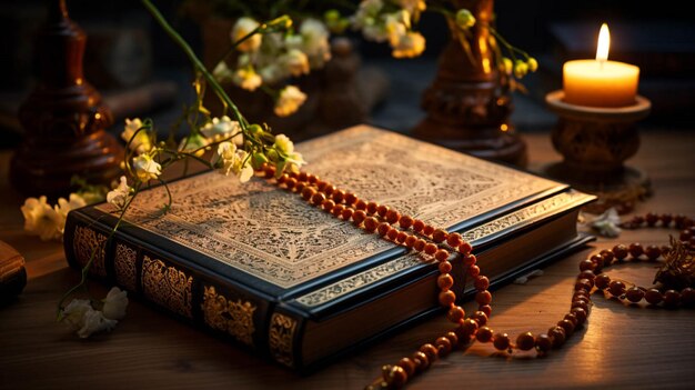 Foto vista ravvicinata dall'alto del libro sacro islamico corano su supporto in legno con tasbih ramadan kareem eid mubarak festival per musulmani