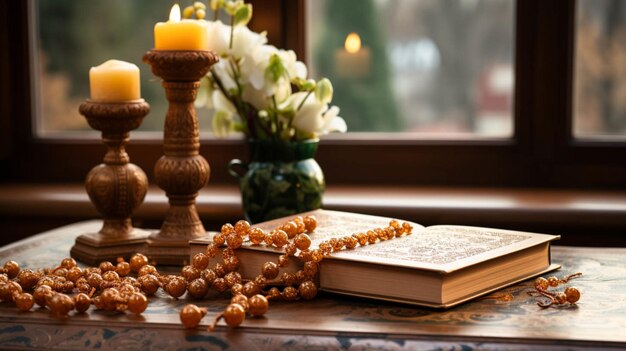 Foto top close view van het islamitische heilige boek koran op houten standaard met tasbih ramadan kareem eid mubarak festival voor moslim