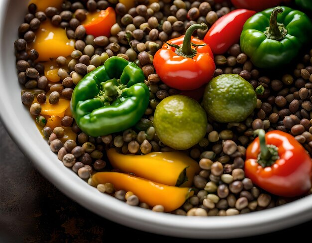 Top closeup view spices lentil spices green hot peppers herbs tomatoes citrus fruits