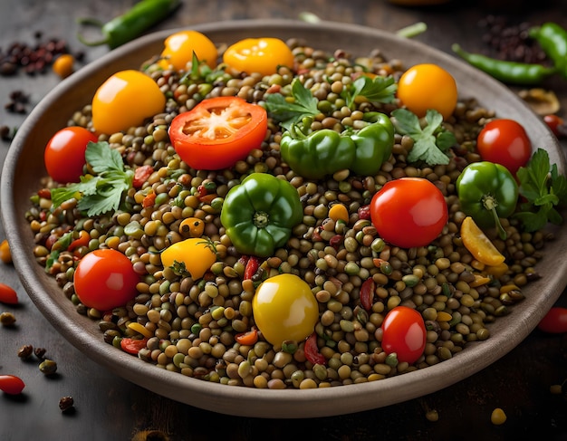 Top closeup view spices lentil spices green hot peppers herbs tomatoes citrus fruits