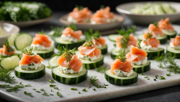 Top cucumber slices with cream cheese and smoked salmon or diced tomatoes and herbs