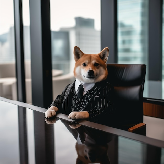 Foto top dog in charge shiba inu in abito business boss si siede al tavolo dell'ufficio generative ai