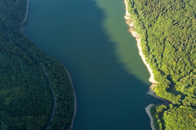 Vista aerea dall'alto verso il basso del grande lago con acqua cristallina tra colline di alta montagna ricoperte da una fitta foresta sempreverde.