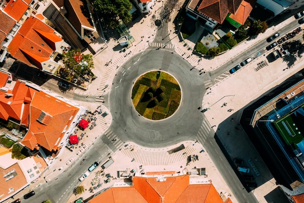 Top down aerial view of a roundabout in Cascais Portugal