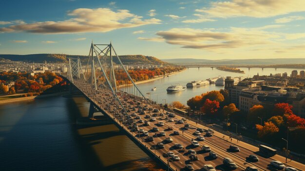 Top down aerial view Traffic on Elisabeth bridge Budapest Hungary