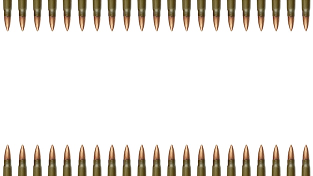 Top and down bullets borders on white wall. 7.62 mm cartridges for assault rifle
