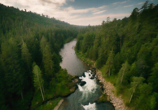 Foto drone top down girato su un fiume che scorre nel mezzo di una foresta verde