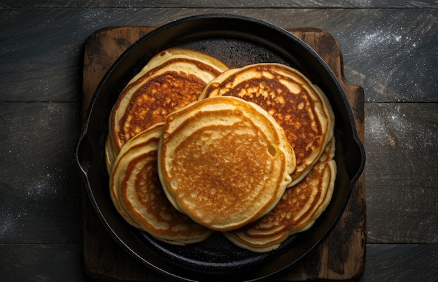 Top-down mening van een stapel pannenkoeken op een gietijzeren pan