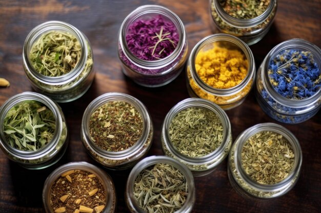 Photo top down shot of an assortment of dried herbal tea in jars