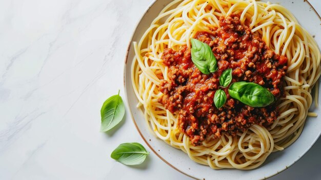 Foto top down di un classico spaghetti bolognese su uno sfondo bianco