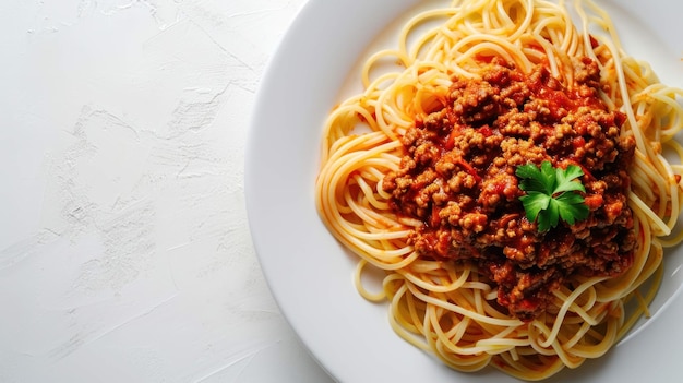 Top down shot of a classic Spaghetti Bolognese on a white background