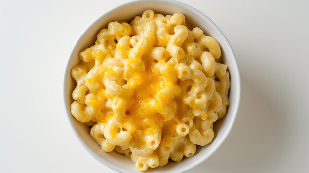 Top down shot of Creamy Macaroni and Cheese on a clean white background