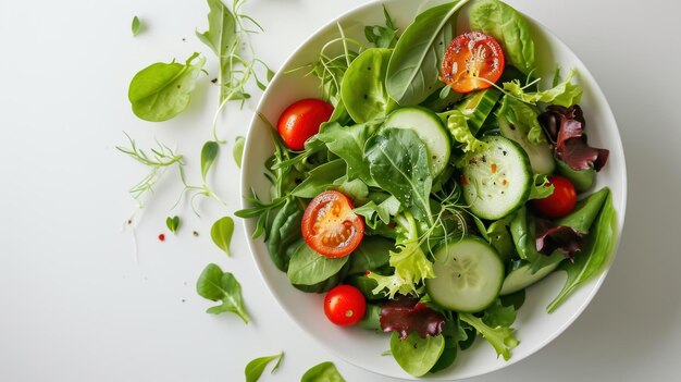 Top down shot of a Fresh Garden Salad Bowl on a clean white background