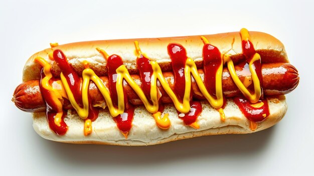 Foto top down shot van een klassieke amerikaanse hotdog op een witte achtergrond