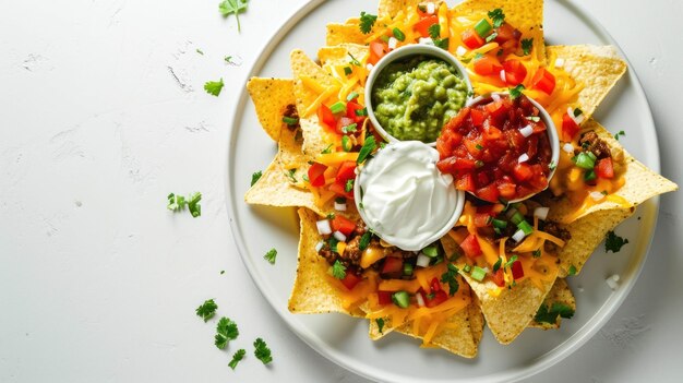 Foto top down shot van een loaded nachos platter op een schone witte achtergrond