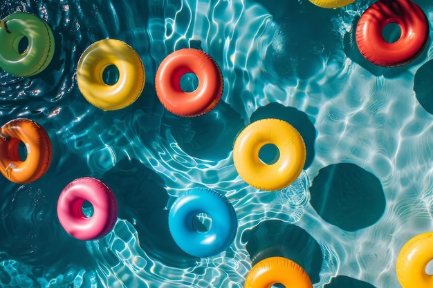 Top-down uitzicht van een zomer zwembad vol opblaasbare zwembad drijft