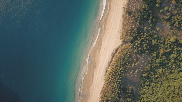 Top-down van tropisch paradijs eiland landschap luchtfoto. Geweldige oceaanbaaikust met zandstrand