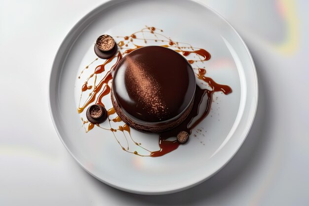 Top down view of chocolate filled glass on white plate
