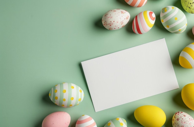 Top down view of easter eggs with a blank white label easter invite poster