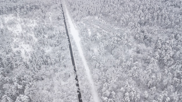 Vista dall'alto verso il basso della foresta in inverno. paesaggio invernale nella foresta. sorvolando la pista da sci nella foresta invernale. vista dall'alto verso il basso della strada da sci. drone segue la sciatrice ambulante sulla pista di sci. terre invernali