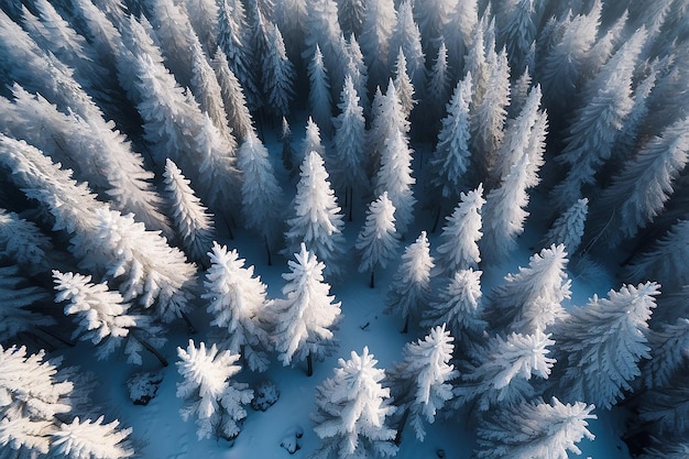 冬の森の上から下の景色 冬の森林の風景