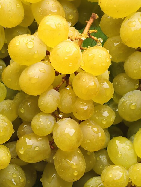 Top down view of fresh chardonnay grapes with drops of water