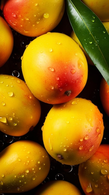 Top down view of fresh mango with drops of water