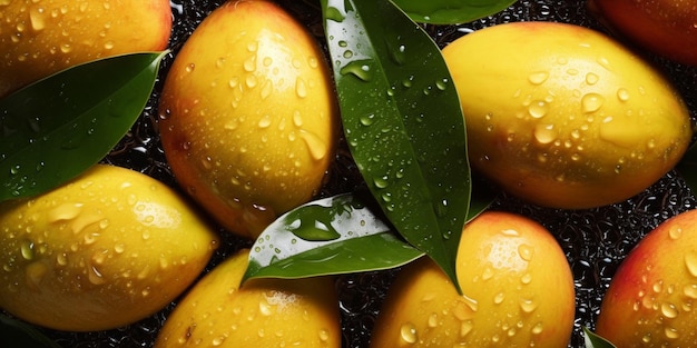 Top down view of fresh mango with drops of water