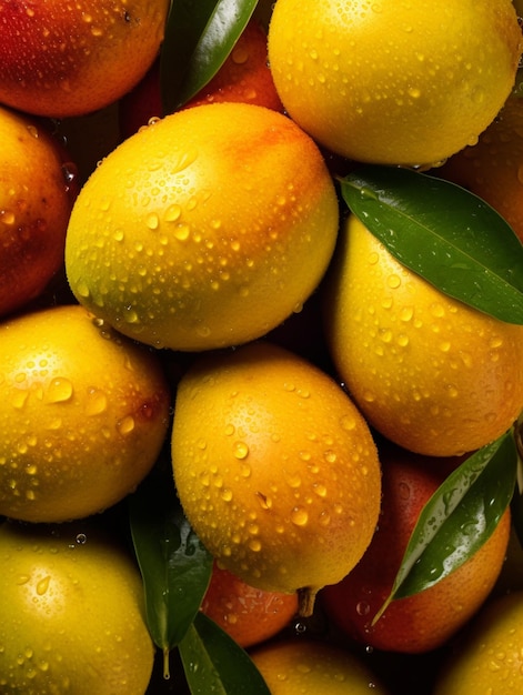 Top down view of fresh mango with drops of water