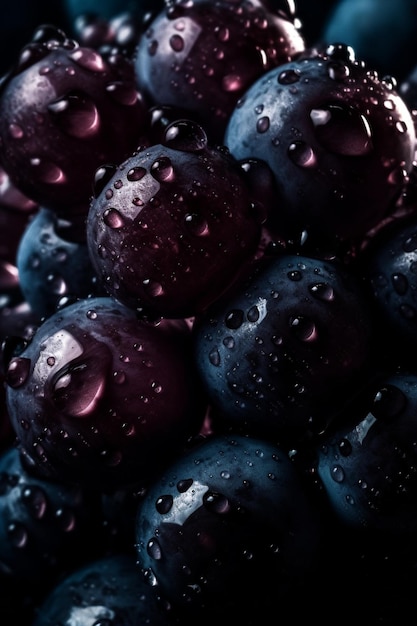 Top down view of fresh red grapes with drops of water Generative AI