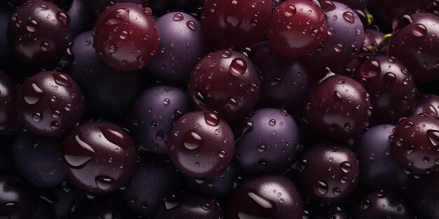 Top down view of fresh red grapes with drops of water Generative AI