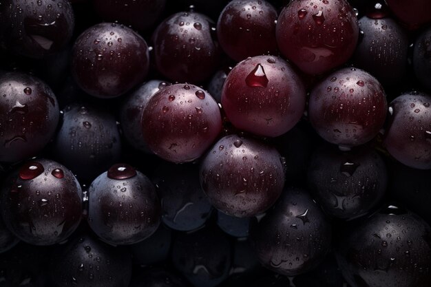 Top down view of fresh red grapes with drops of water